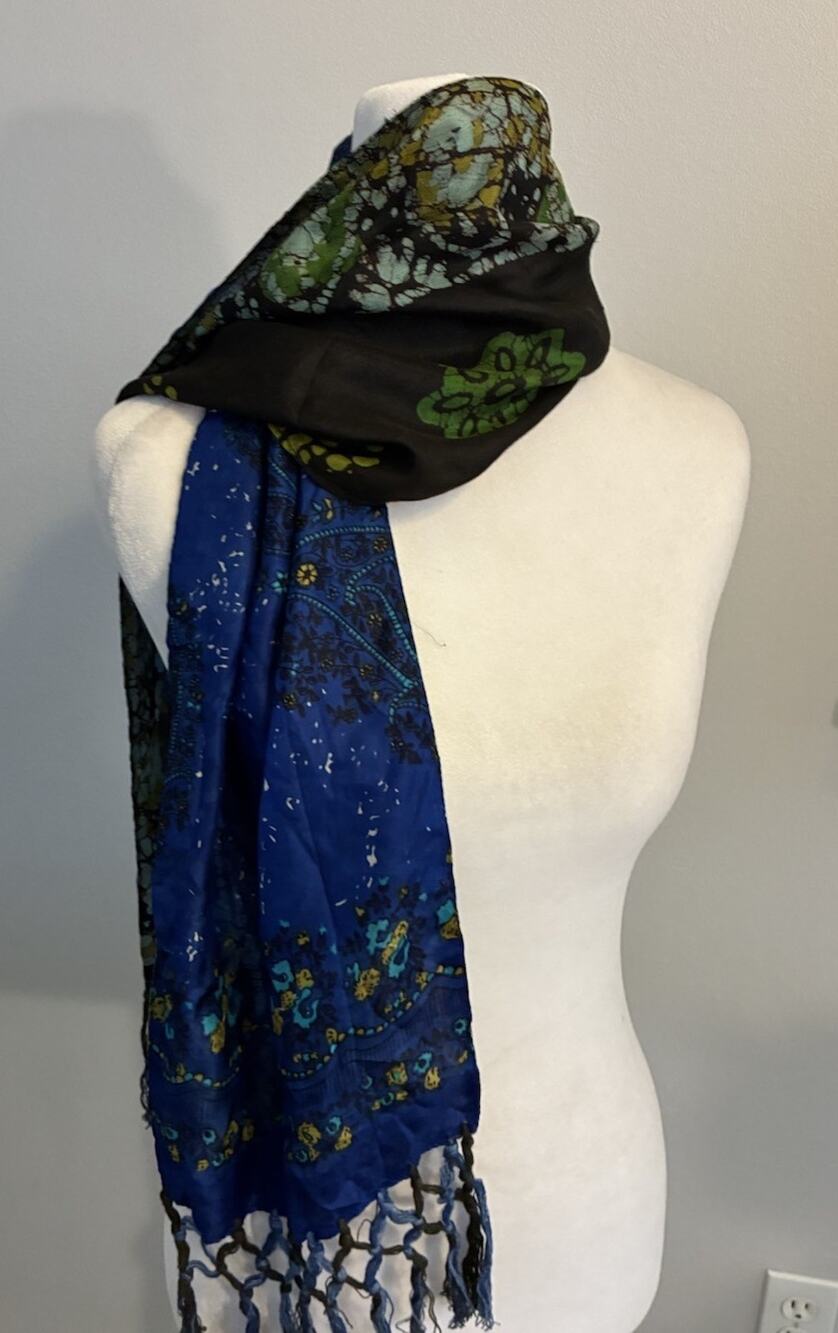 Lucky Brand 100% Silk Batik Scarf Double Layer Fringe Boho Chic Blue Green 62β